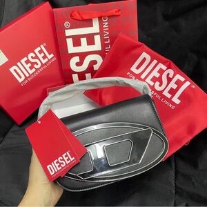 Diesel 1DR Iconic Black Leather Shoulder Bag with Silver Logo & Full Set